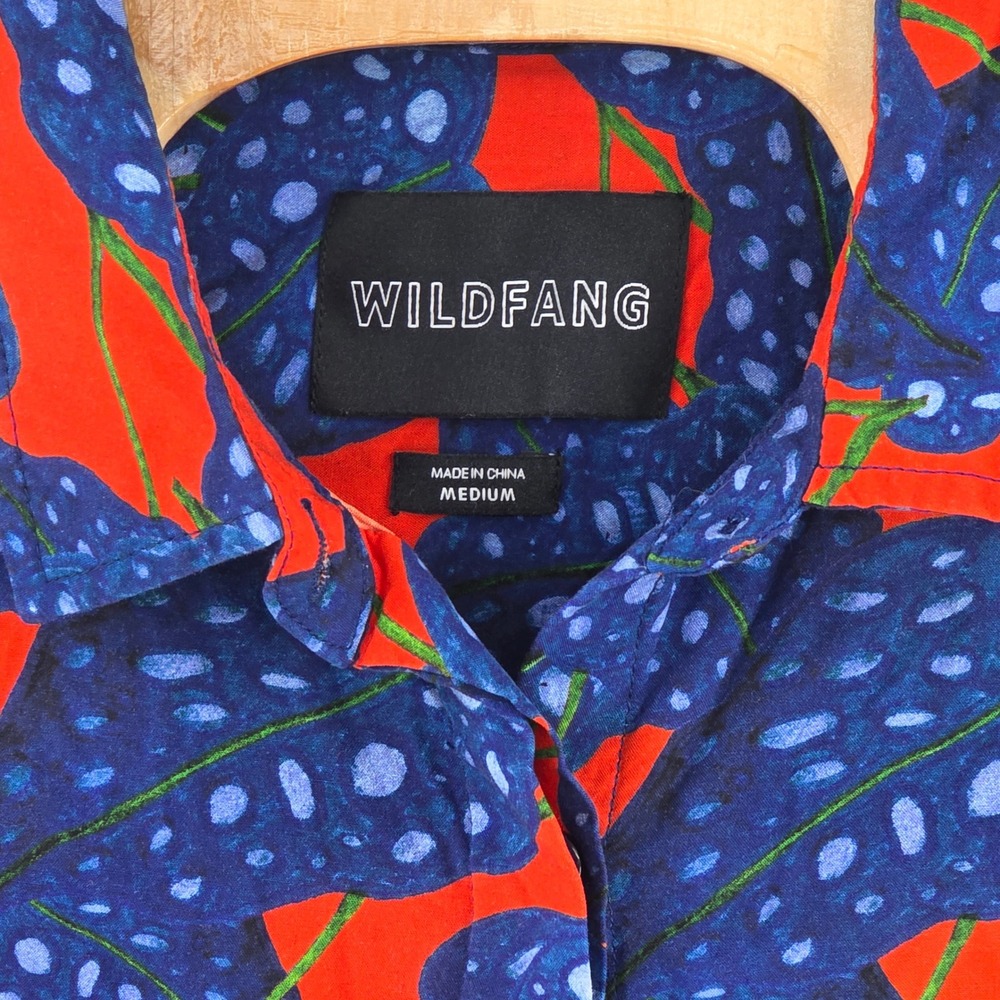 Wildfang The Empower SS Button Up Shirt Medium Red Blue Leaf Print WN8600 Rayon - Picture 4 of 7